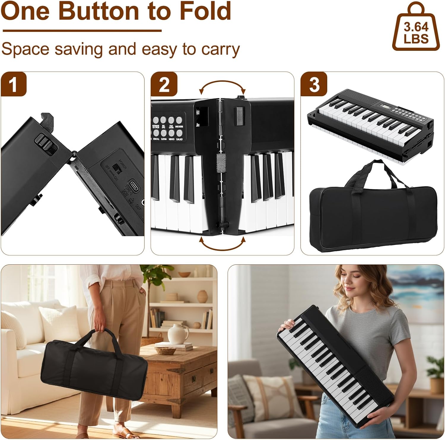 Electronic Piano Keyboard,Foldable 61 Key Digital Pianos with Power Adapter,Sheet Music Stand,Sticker,Bag,Gift for Beginners,Black