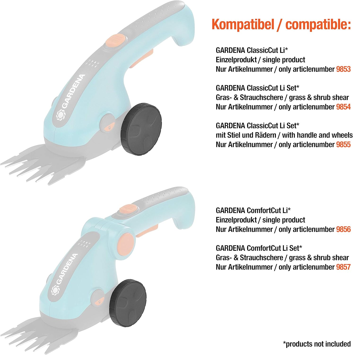 Gardena wheels for cordless grass shears: Accessories wheels for safely guiding the cordless shears ClassicCut Li and ComfortCut Li on the grass (9861-20)
