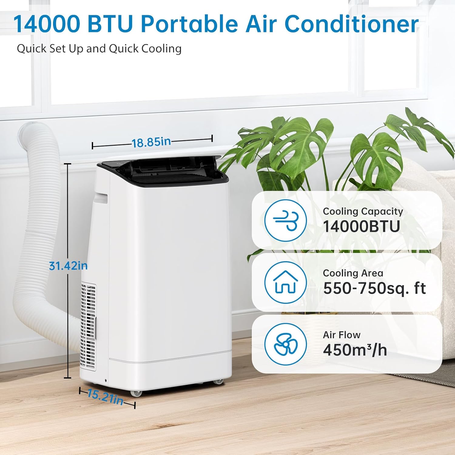 14,000 BTU Portable Air Conditioners Cool Up to 750 Sq. Ft, 3 Modes Portable AC Cooling Unit Dehumidifier Fan Function with Remote/24Hrs Timer/Installation Kits for Home/Office/Dorm
