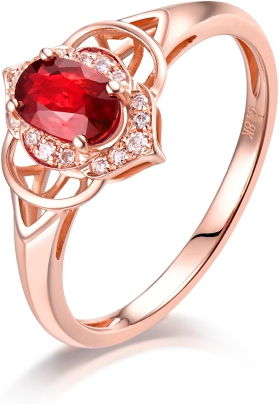 Ruby Engagement Rings for Women, Wedding Anniversary Ring 18K Rose Gold Hollow Oval 0.66ct Ruby for Birthday