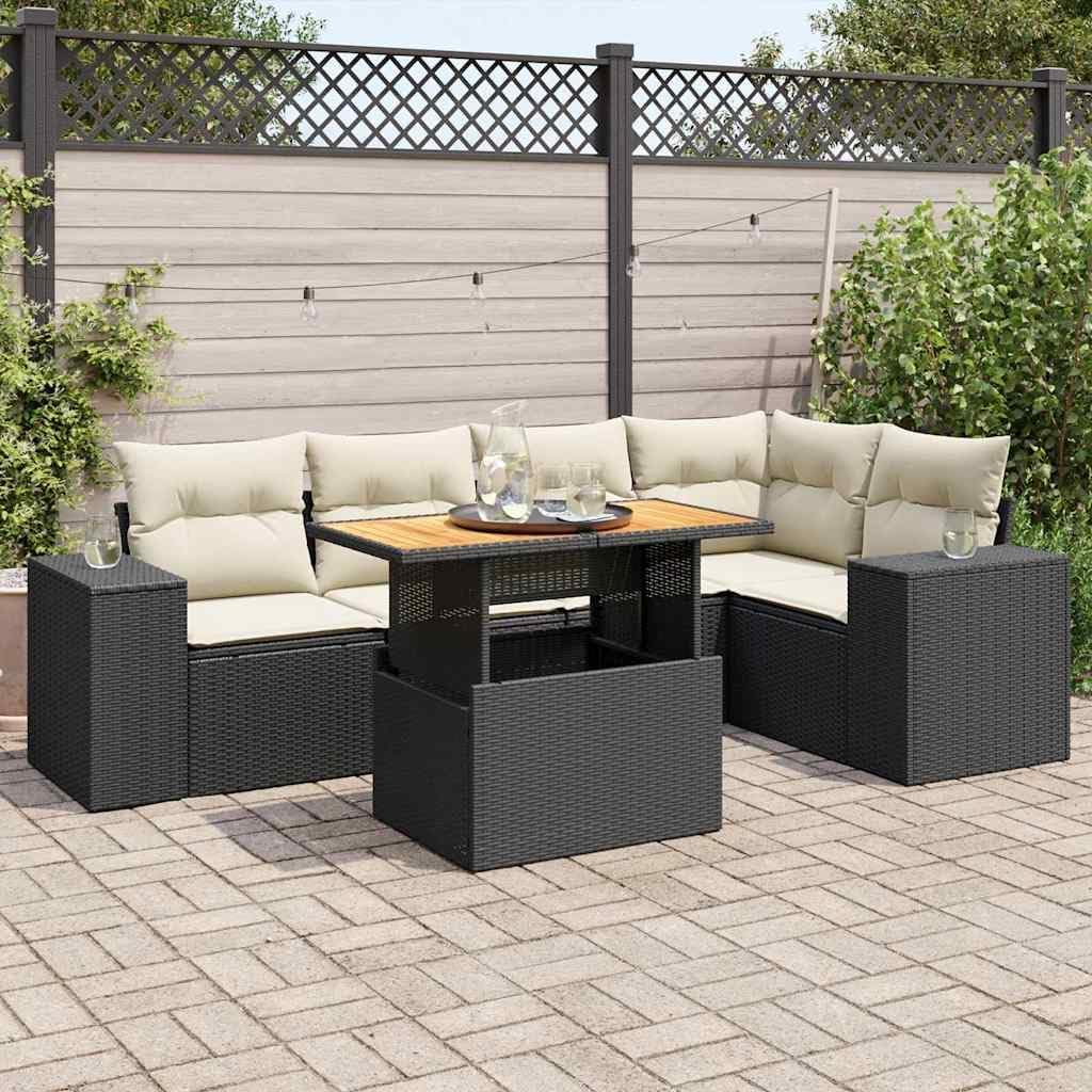 6 Piece Outdoor Garden Sofa Set in Black and Cream White, Modern Patio Furniture with Adjustable Tabletop and Removable Cushion Covers, All-Weather PE Rattan and Steel