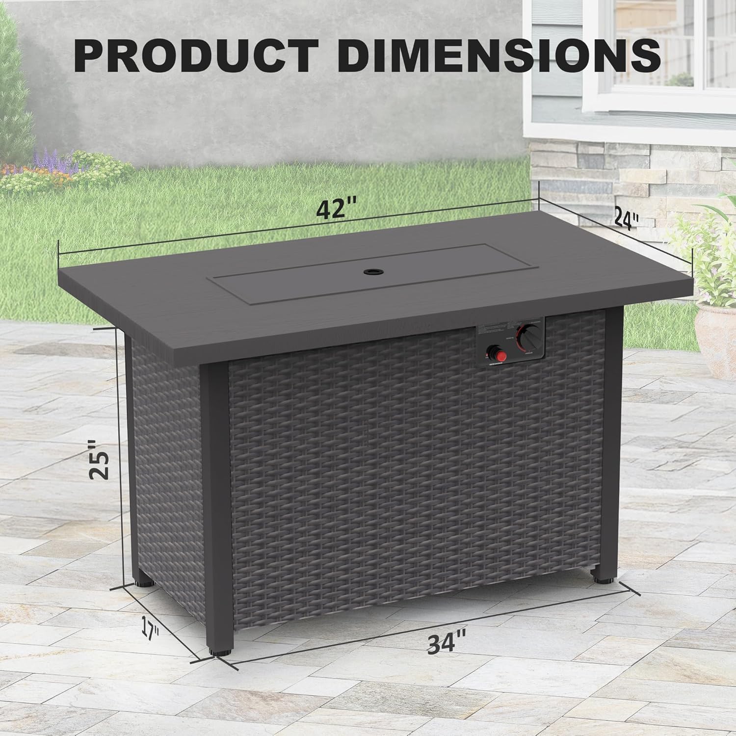 42” Fire Pit Table 50,000 BTU Propane Pit Metal Tabletop Auto-Ignition Gas Fire Pit for Outside Outdoor Rattan Rectangular Fire Pit Garden Patio