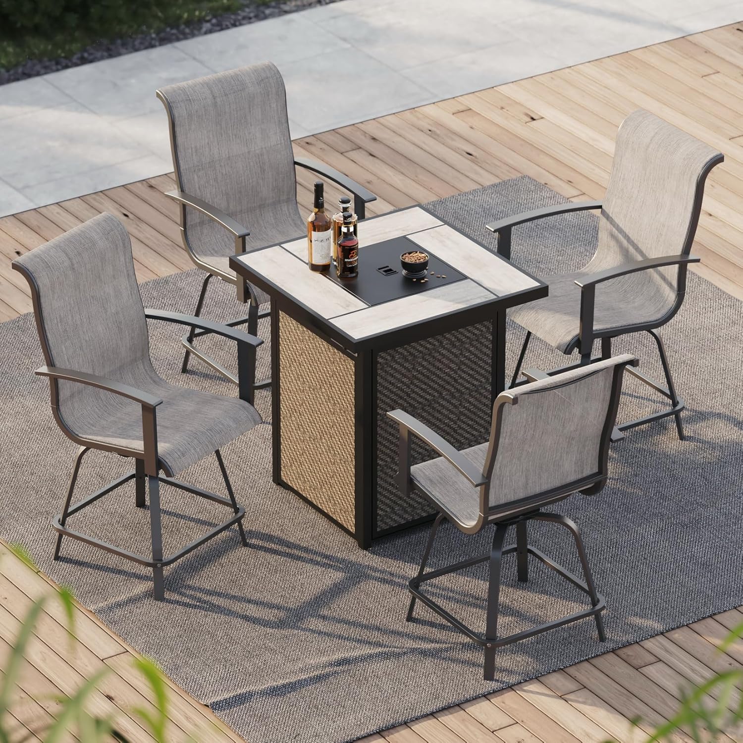 Grand patio 5-Piece Patio Swivel Bar Set with Fire Pit Table 60,000 BTU Heat Output, Outdoor Counter Height Patio Bar Stools Set of 5, High Bar Chairs with High Back, Coffee