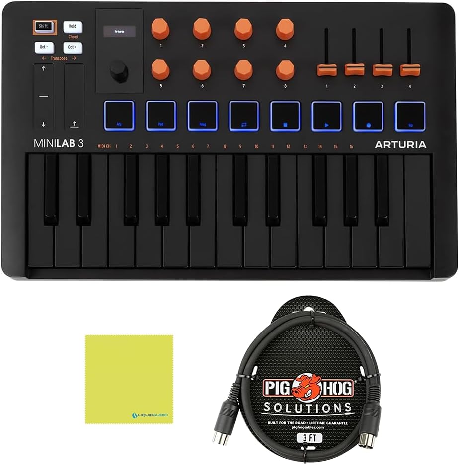 Arturia MiniLab 3 25 SlimKey Controller Bundle with 3ft Pig Hog MIDI Cable & Polishing Cloth– Orange, USB-MIDI Keyboard, 8 RGB Pads, 8 Encoders, Faders, DAW Integration, Software for Music Production