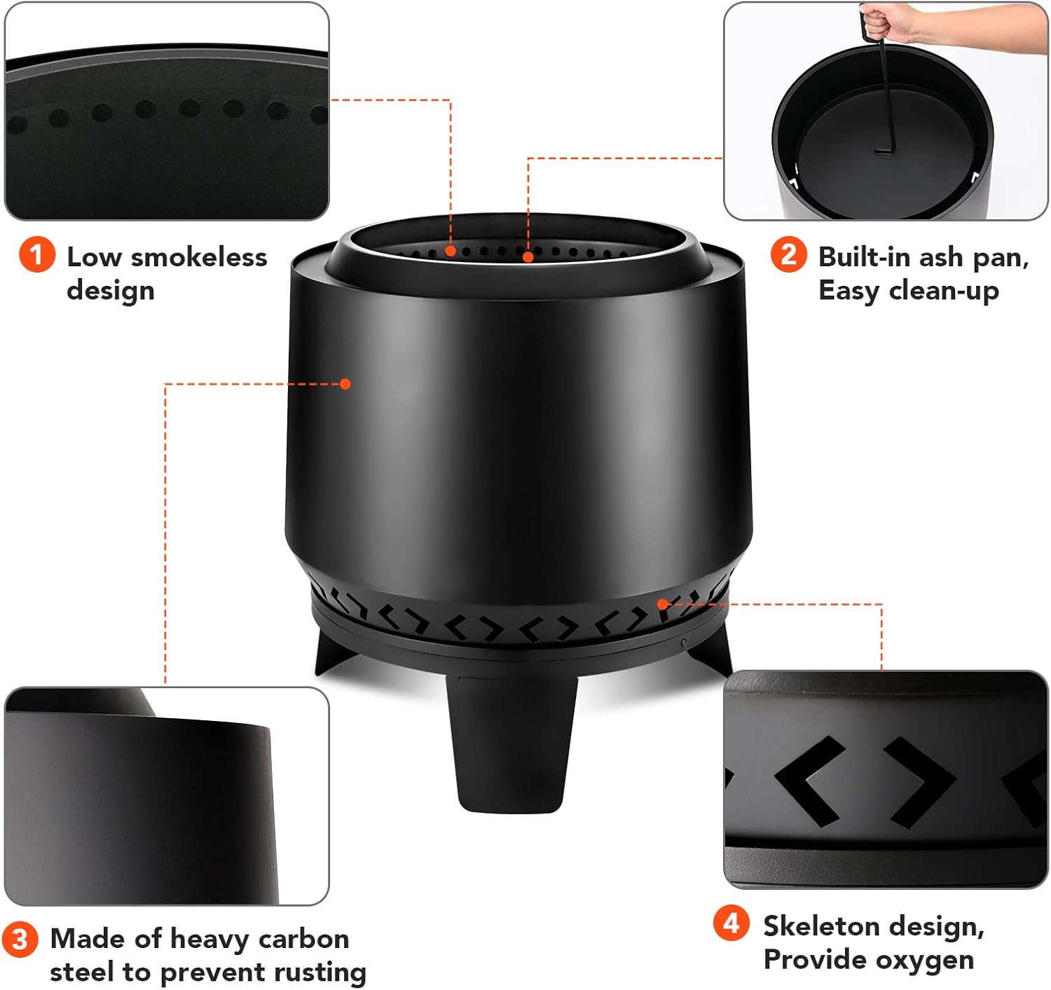 20 Inch Smokeless Fire Pit for Outside, Wood Burning Low Smoke Firepit with Removable Ash Pan, Outdoor Portable Bonfire Stove Fire Pits for Patio Backyard Cooking