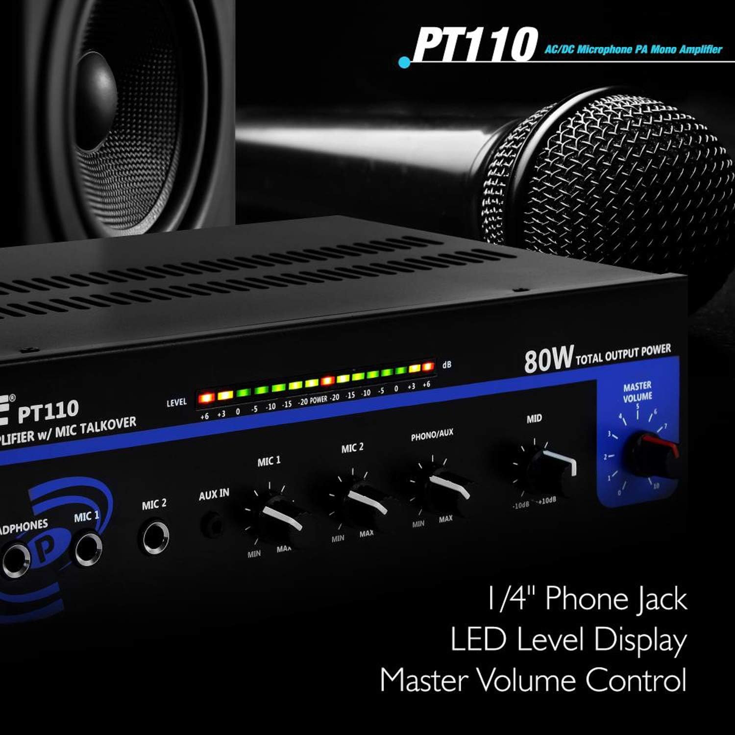 Pyle Compact Mono Public Address Amplifier - Professional 80 Watt Peak 70v PA Amplifier for Restaurants or Commercial Applications, 2 Mic Inputs With Independent Volume Control, Headphone In - PT110