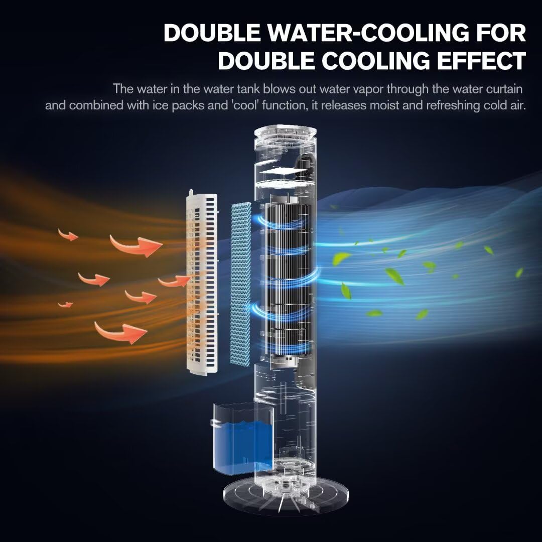 Windowless Portable Air Conditioners, 36’’ Evaporative Air Cooler w/Remote, 2.5L Water Tank & 4 Ice Packs, 12H Timer Auto-off, 70° Oscillating, Quiet Cooling Tower Fan For Bedroom Living Room Office