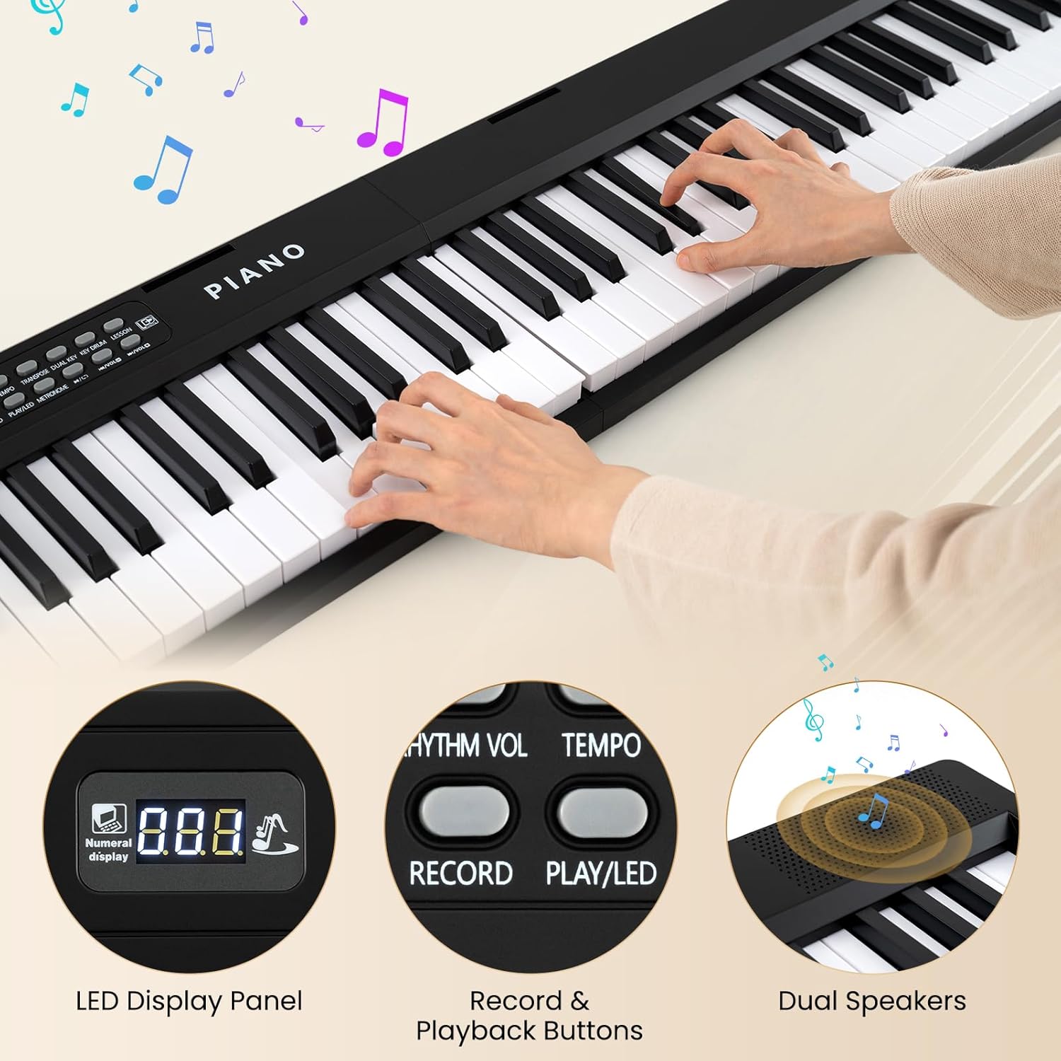 HONEY JOY 88 Key Keyboard Piano, Folding Full Size Semi-weighted Digital Piano w/ 1000 Timbres, 1000 Rhythms, MIDI USB, Sustain Pedal, Lights, Microphone, Portable Electric Piano for Beginners