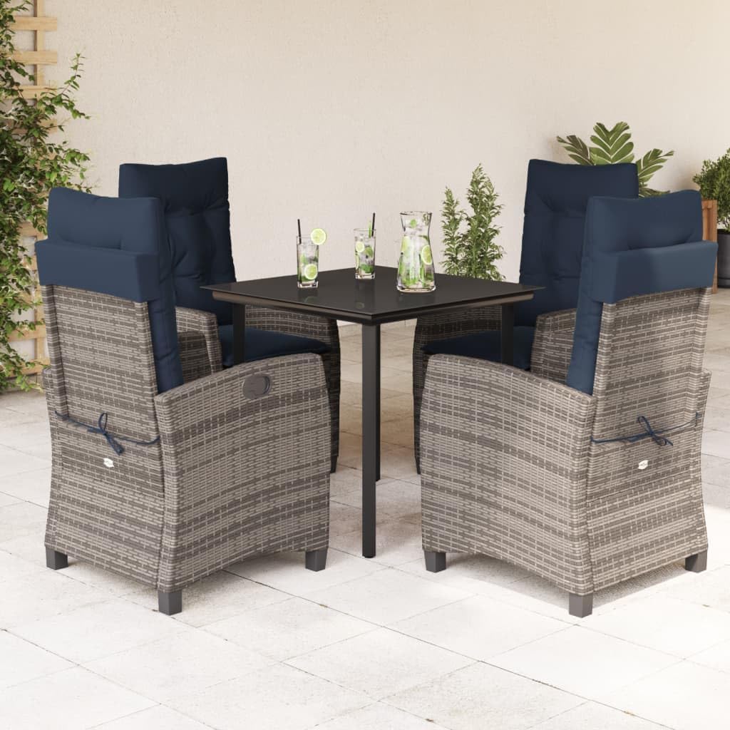 5 Piece Patio Dining Set with Cushions Gray Poly Rattan,Patio Dining Set with Adjustable Rattan Chairs and Tempered Glass Tabletop Patio Furniture Sets, Outdoor Furniture Sets