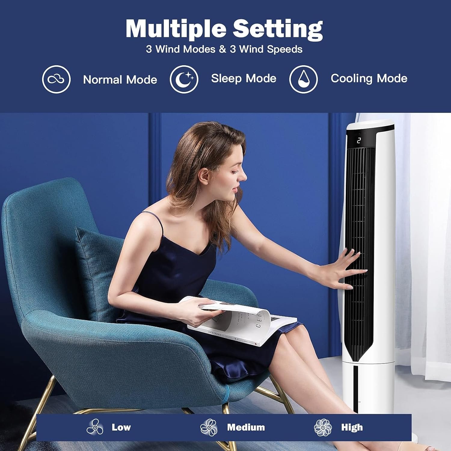 KOTEK 3 in 1 Evaporative Air Cooler, 41” Portable Cooling Tower Fan w/ 70°Oscillation, 4 Ice Packs & Water Tank, 3 Speeds & Cooling Modes, LED Display, 9H Timer, Remote Control for Bedroom Home Office