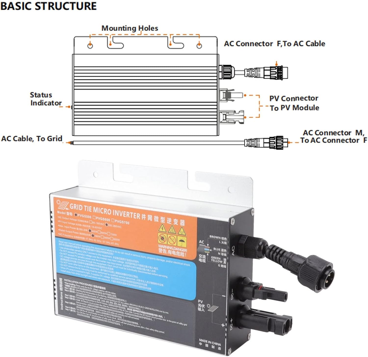 Haofy Solar Micro Inverter Grid Tie, 10A Solar Grid Tie Micro Inverter, Sine Waving Inverter with High Conversion Rate for Generation System(500W)
