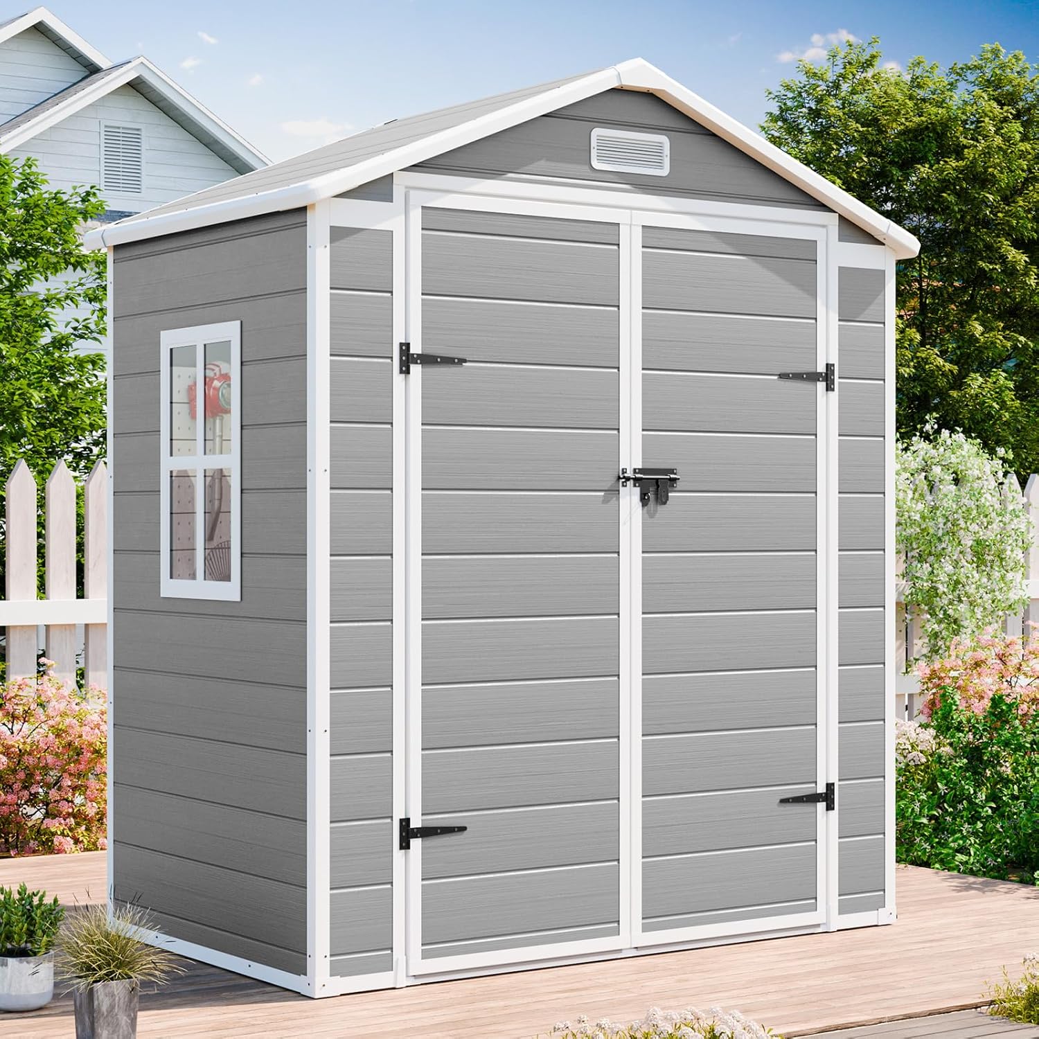 CDCASA 6x3 FT Storage Shed, Waterproof Resin Outdoor Storage Shed with Floor & Window & Lockable Door, Tool Shed for Garden Patio, Backyard,Lawn, All Weather Use, Light Gray