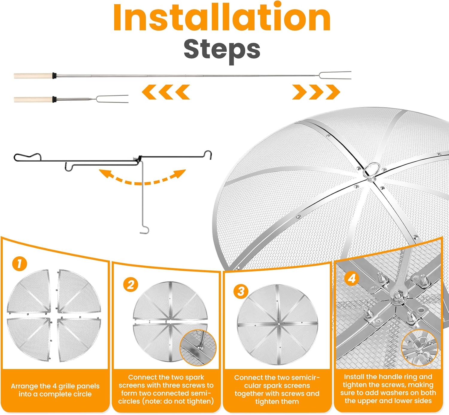 Fire Pit Spark Screen 40 Inch Round, Heavy Duty Stainless Steel Outdoor Fire Pit Screen Cover with Foldable Hook & Marshmallow Sticks, Mesh Spark Protector for Backyard, Camping, Beach
