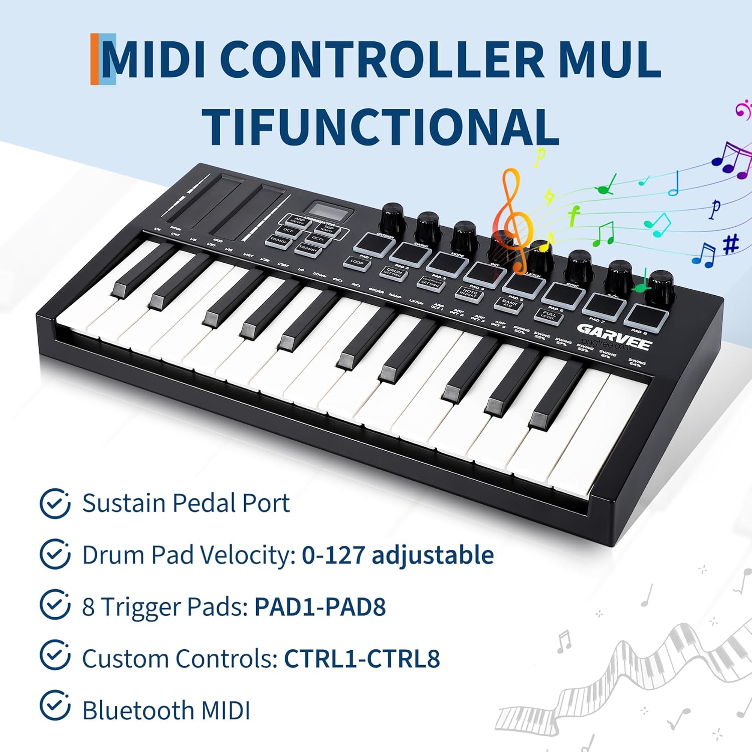 25 Key MIDI Keyboard Controller - Bluetooth/USB DAW Integration with 8 Drum Pads & 8 Knobs, OLED Display, Compact Portable Keyboard for Music Production