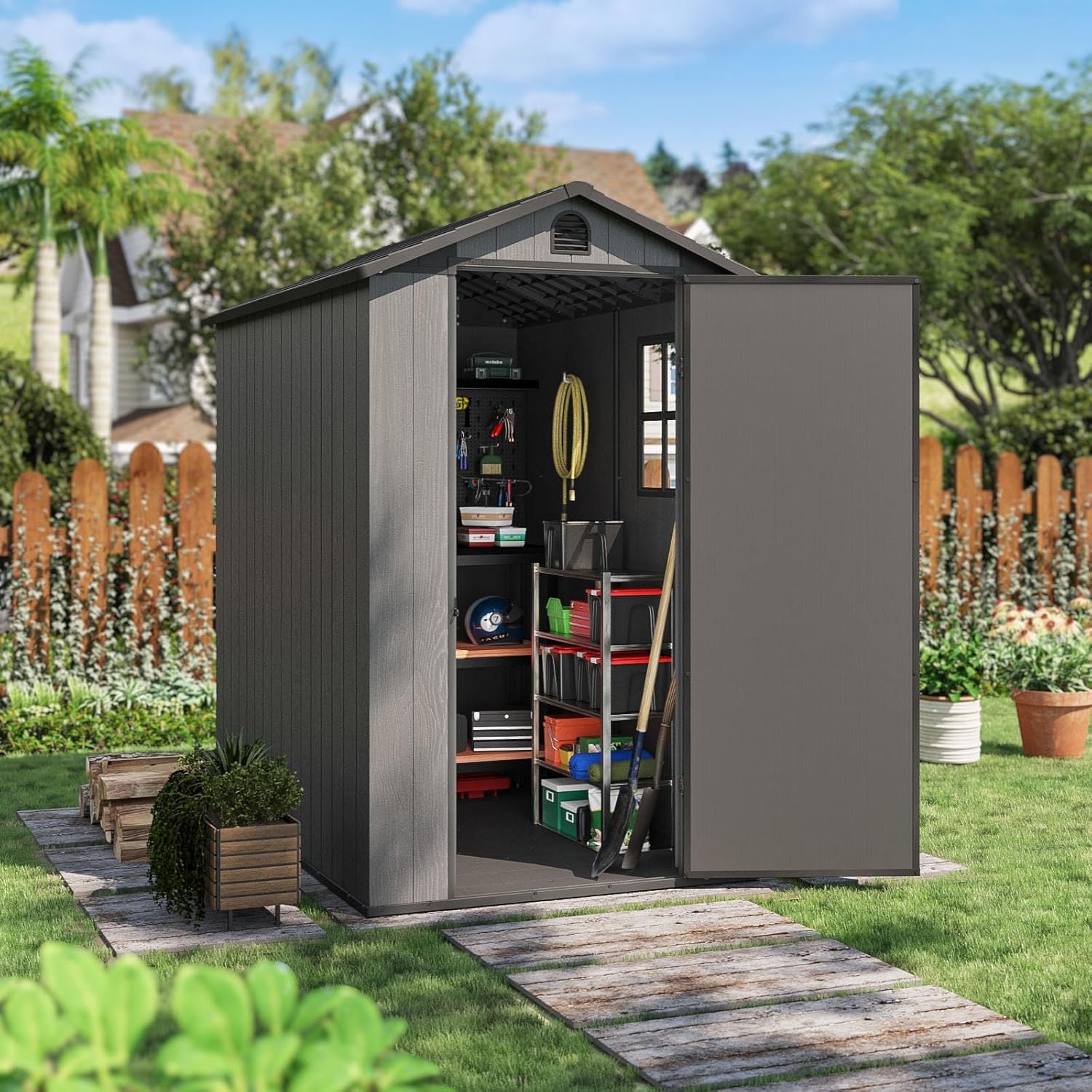 Patiolife 4 x 6 FT Resin Outdoor Storage Shed with Floor, PlasticTool Shed with Window and Lockable Door for Backyard Garden Patio Lawn,Dark Grey