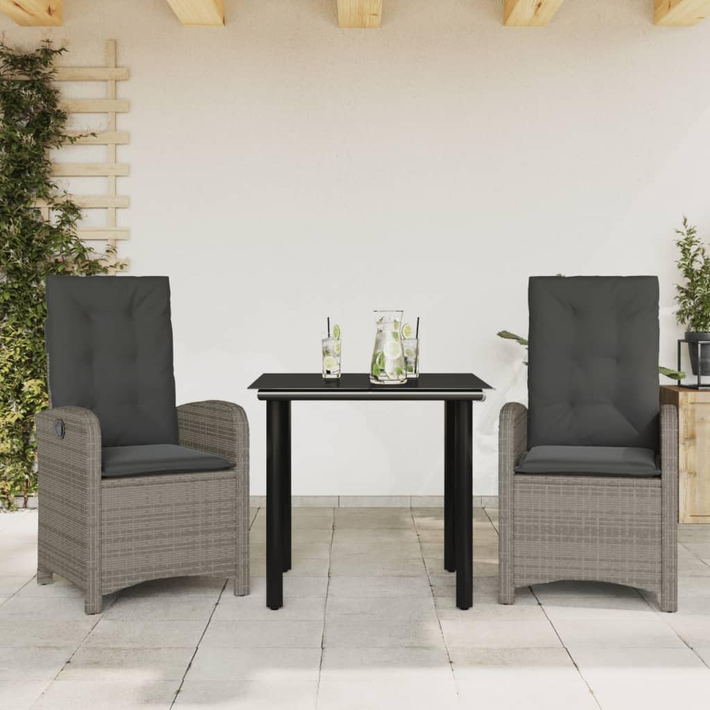 3 Piece Patio Dining Set with Cushions Gray Poly Rattan,Adjustable Garden Dining Set with Comfortable Cushions for Patio and Backyard Furniture Sets for Patio, Lawn & Garden