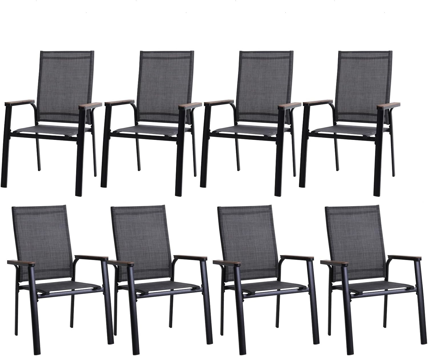 PHI VILLA Outdoor Stackable Chairs, Patio Chairs Set of 8, Light Weight Aluminum Frame with Textilene Fabric & Wood Armrest, High Back Deck Chairs for Poolside Lawn Garden, Gray