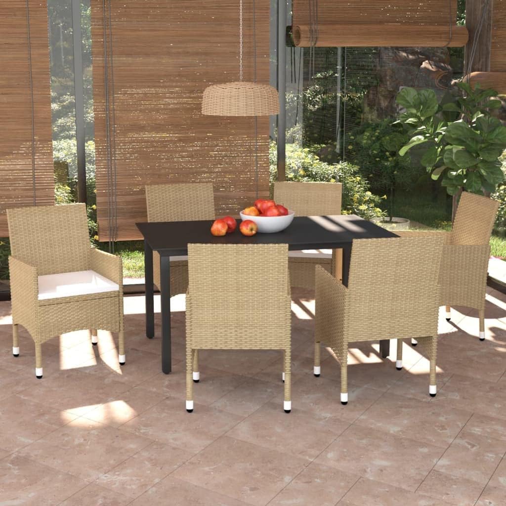 7 Piece Patio Dining Set with Cushions Poly Rattan Beige,Outdoor Dining Set: WeatherResistant Rattan Chairs and Aluminum Table for Garden, Balcony, and Patio Patio Furniture Sets, Outdoor Furniture Se