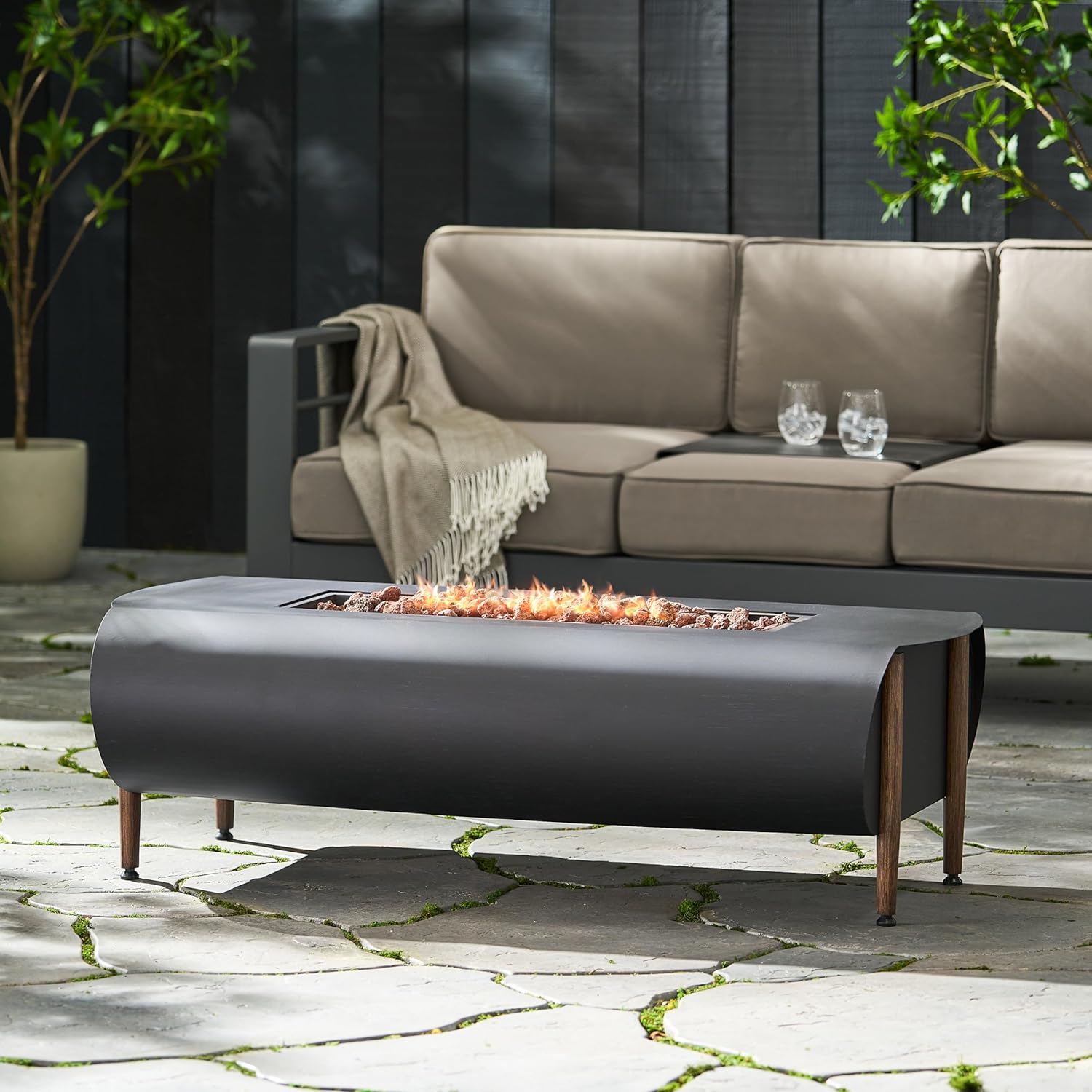 Vernon Rectangle Fire Pit – 50,000 Btu Dark Gray Outdoor Gas Fire Pit, Durable Steel Construction, Modern Design for Patio, Backyard, Deck (1 Doors)