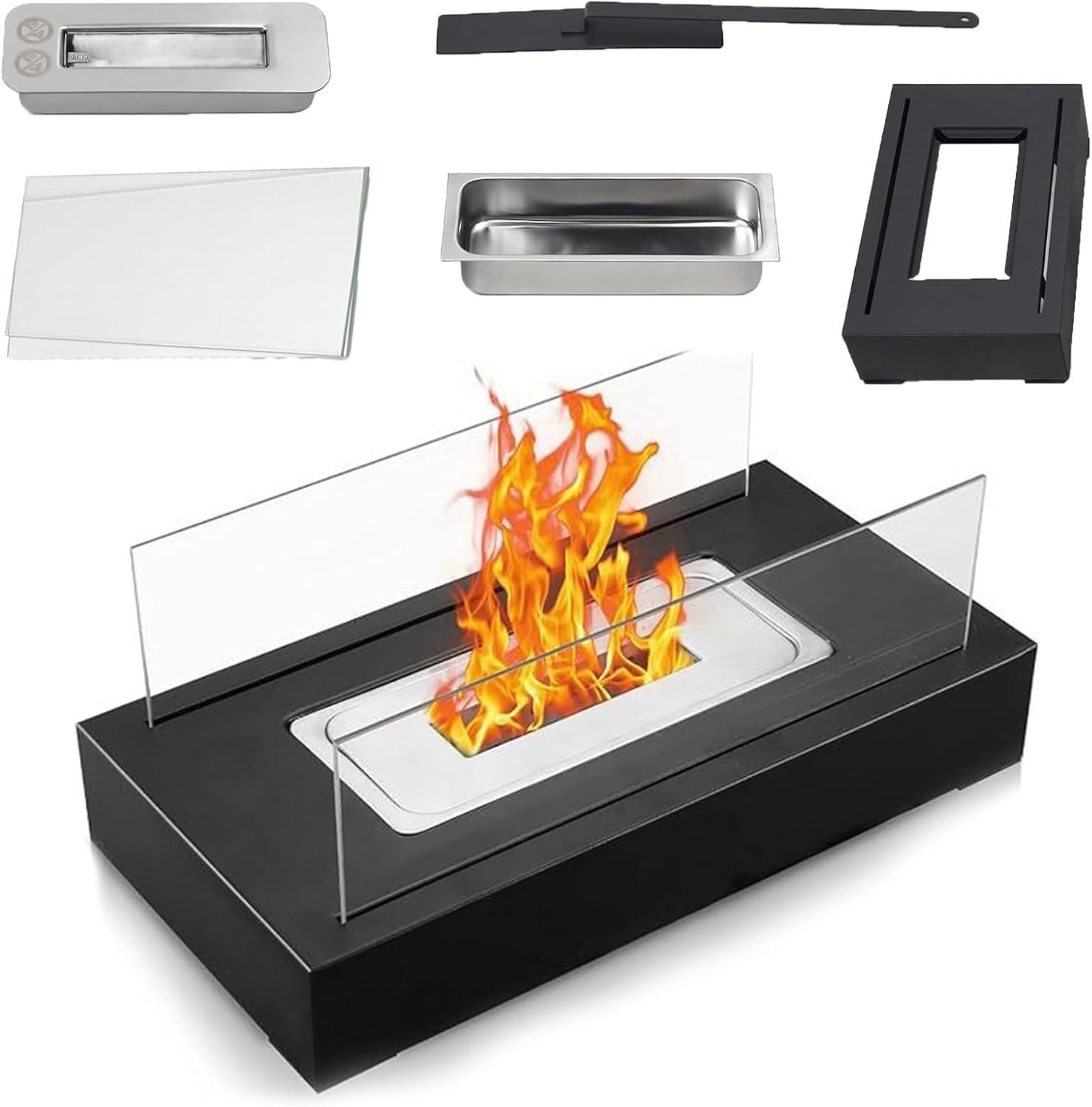 Stainless Steel Rectangular Table Top Fire Pit with Glass Wind Guard - Hurricane Candle Holder, Stable Base, Outdoor Patio Fireplace for Garden, Camping - Ideal