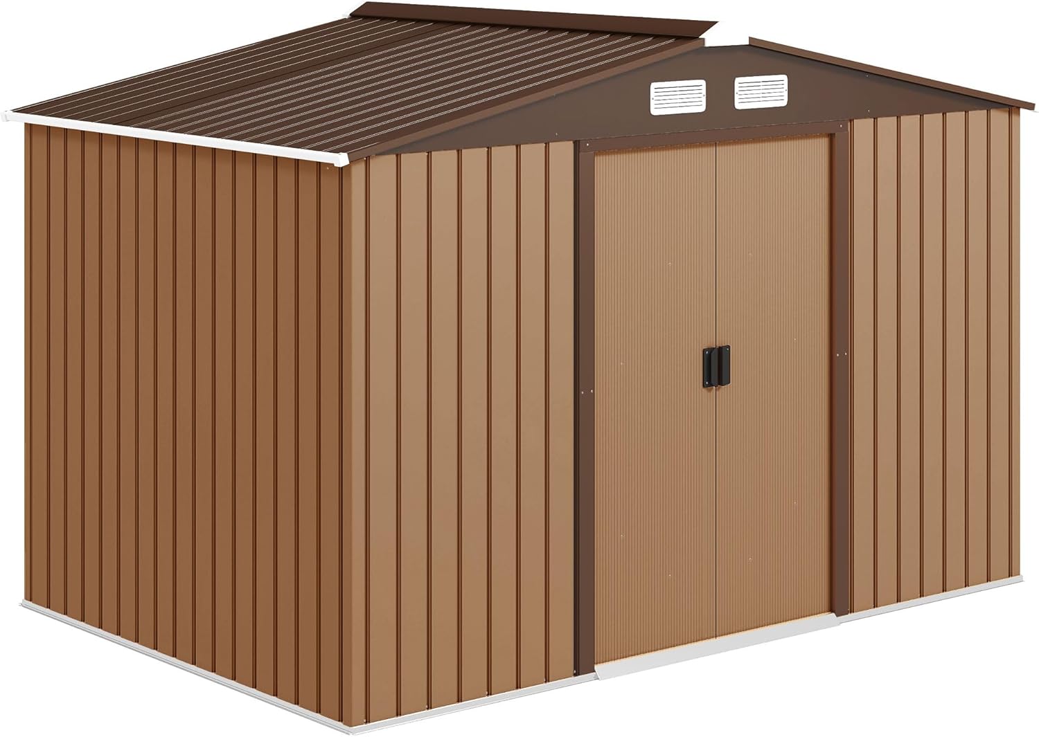 Outdoor Storage Shed, Galvanized Steel Structure, Gray, Brown, Wood, Metal Construction, 9.1x6x6.3 ft, Double Sliding Doors, Zero Maintenance