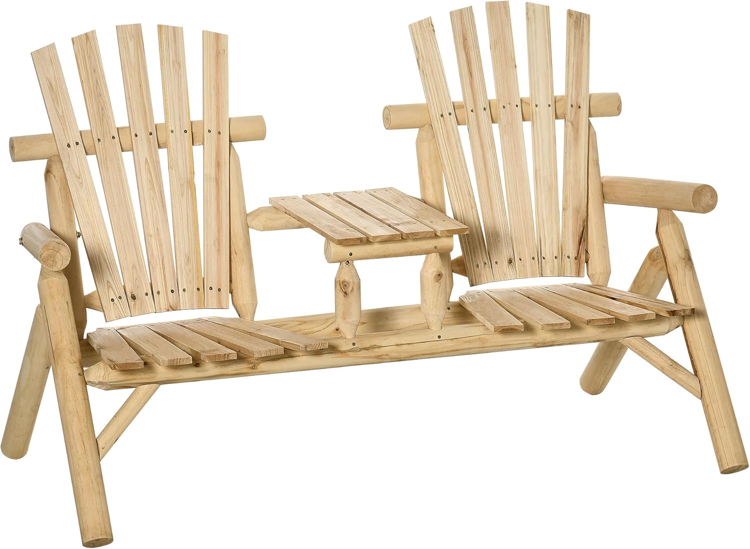2 Seat Wooden Chair, Patio Bench with Table, Outdoor Loveseat Fire Pit Chair for Porch, Backyard, Deck, Natural