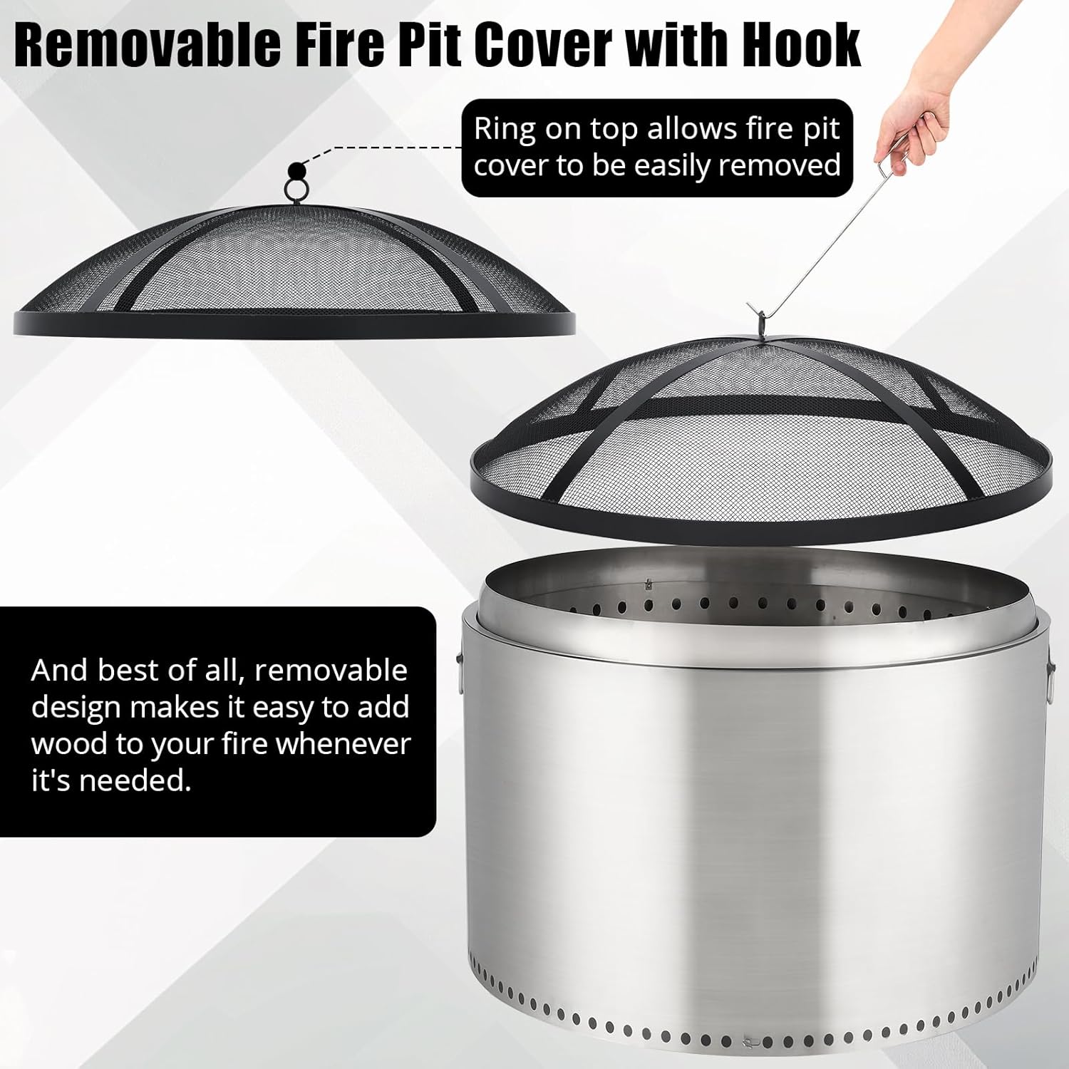 GarveeLife Fire Pit Spark Screen Cover for Campfires - Easy Lift Stainless Steel, Mesh Protector, Guide Rod Included, Outdoor Patio & Backyard Accessory, Black，30 * 30 * 8.6 in