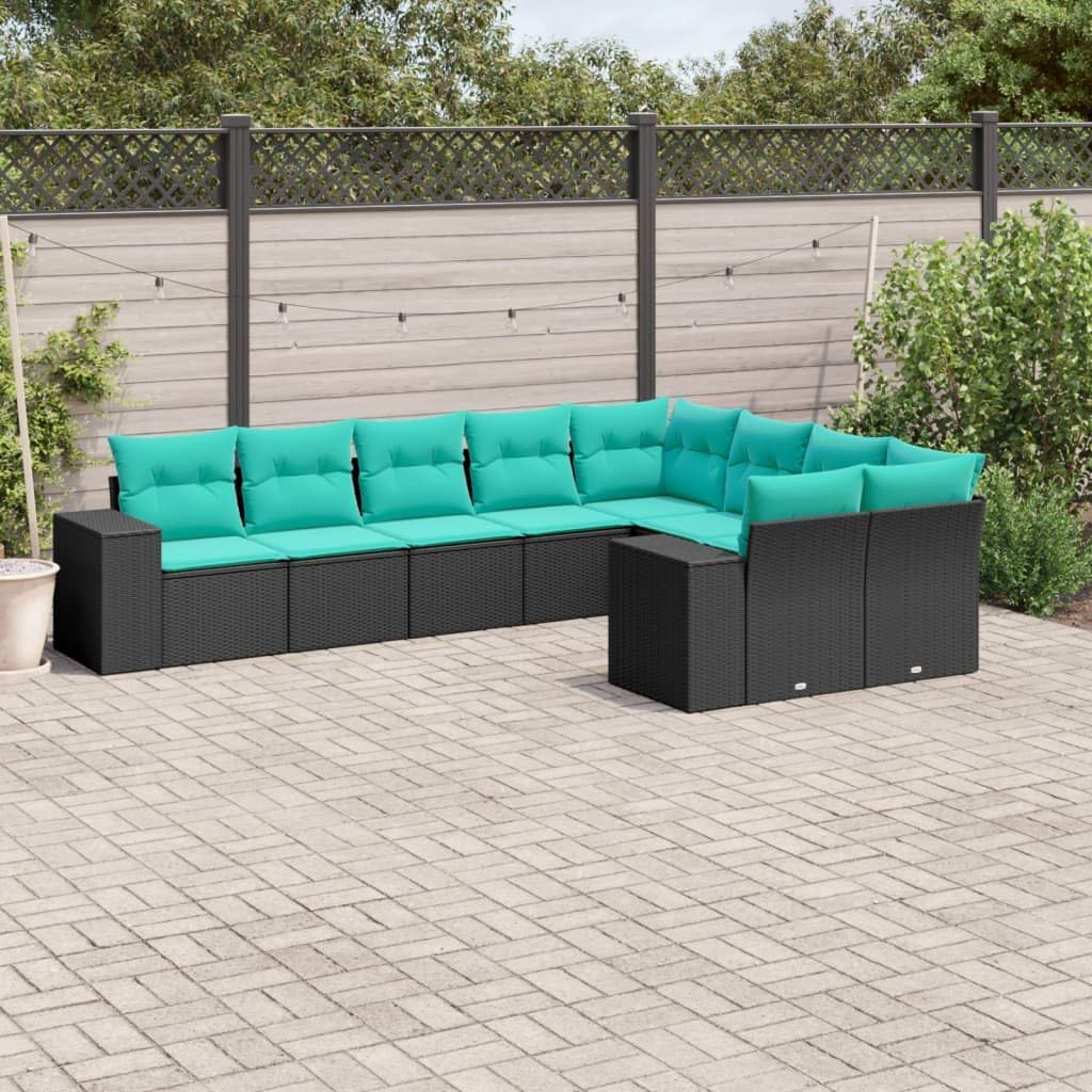 9 Piece Patio Sofa Set with Cushions Black Poly Rattan, Modular Outdoor Furniture with Removable Washable Covers and Storage Function, Durable PE Rattan Weather-Proof Garden