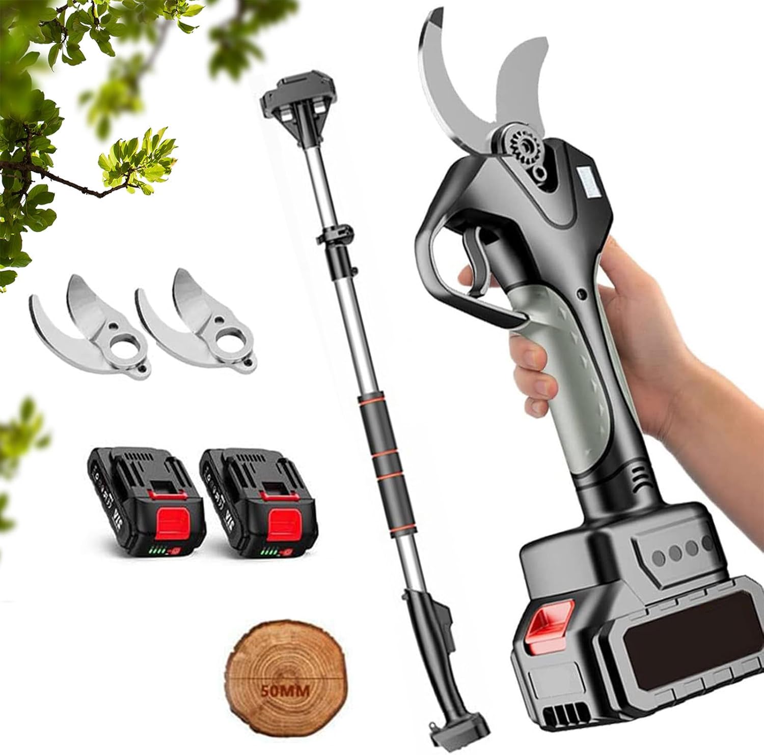 Electric Pruning Shears, 0.4-2 Inch Cutting Diameter, Professional Cordless Pruner Branch Trimmer, Garden Tools，Electric Branch Scissors with 7 Foot High Reach Extension Rod,1*battery