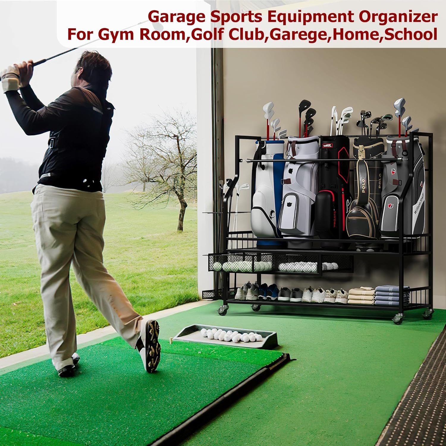 Golf Bag Storage Garage Organizer,Mobile 5-Bag Stand Fit for Golf Bag and Equipment Accessories,Golf Bag Storage Rack with Wheels for Garage