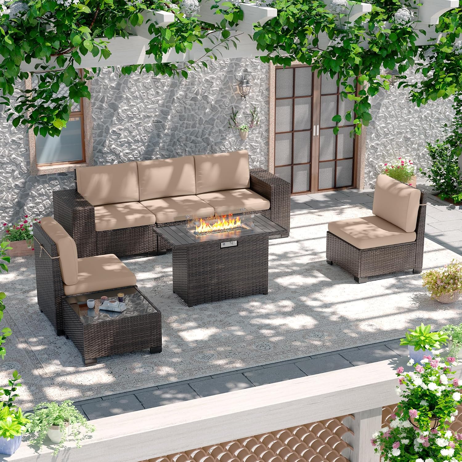 Amopatio Outdoor Sectional with Fire Pit Table, 8 Inch Armrest Patio Furniture Set with Waterproof Cover for Garden Backyard, 4'' Thickened Cushion