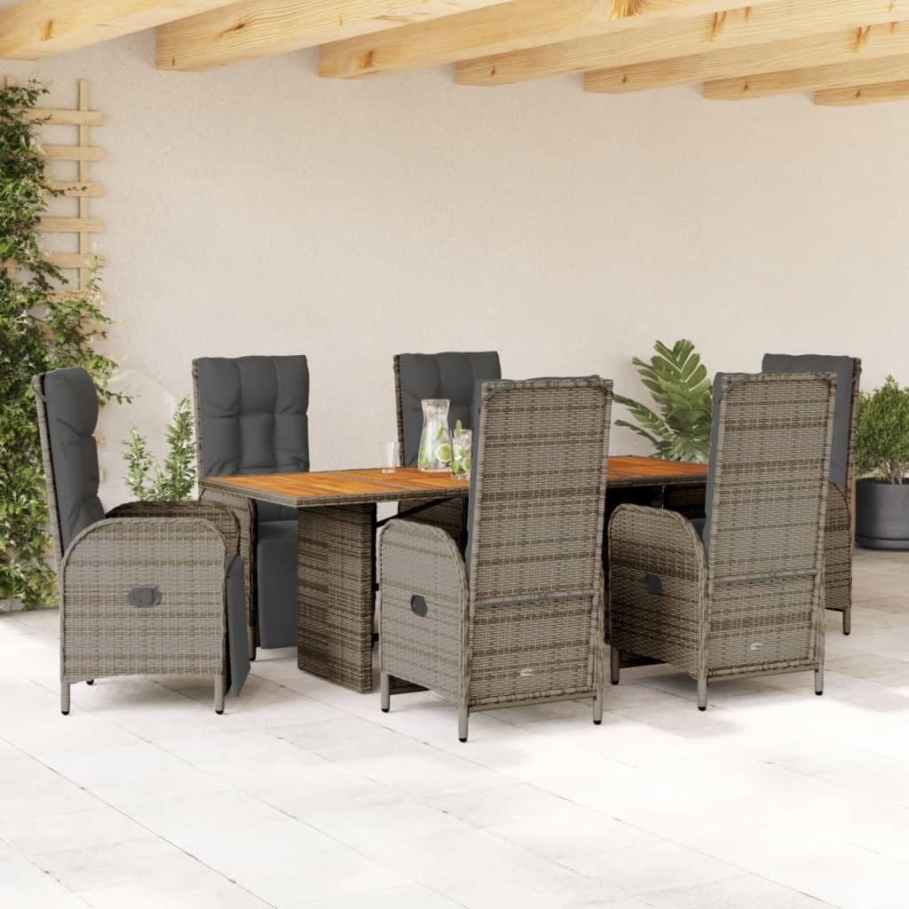 7-Piece Modern Garden Dining Set, Grey Poly Rattan, Acacia Wood, Outdoor Table and Chairs, Patio Furniture Set for 6 People