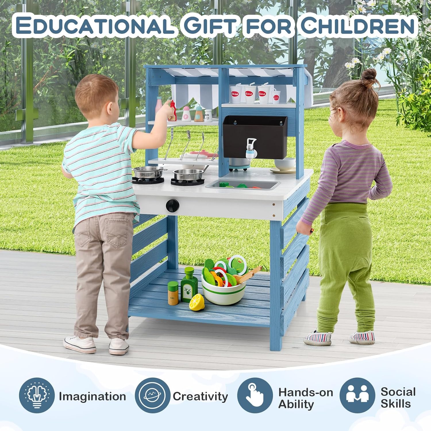 Costzon 2 in 1 Mud Kitchen, Double-Sided Fir Wood Kids Kitchen Playset & Pretend Grocery Store with Stoves, Sink, Running Water Box, Accessories, Mud Table, Outdoor Play Kitchen for Boys Girls