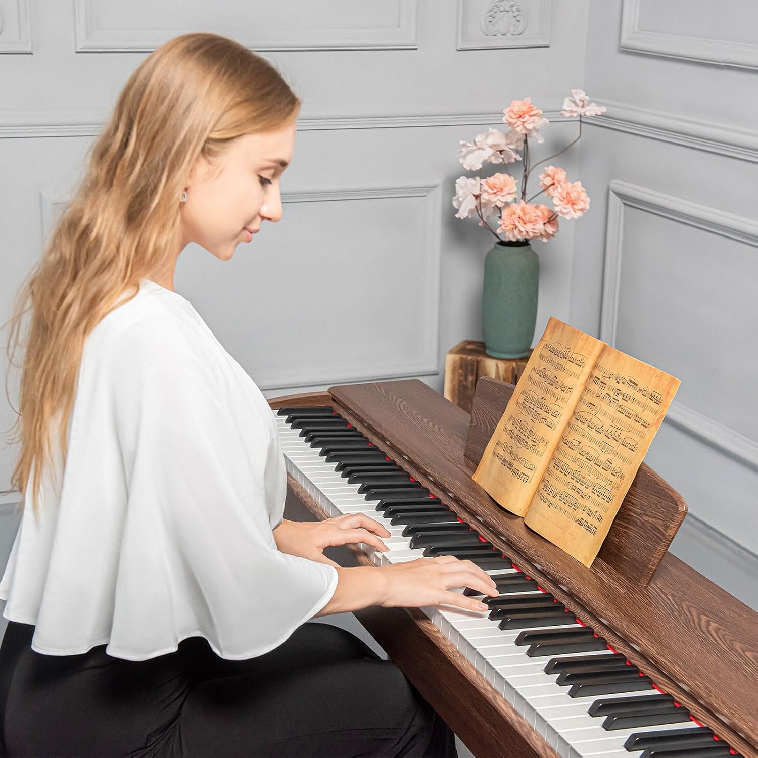 88-Key Weighted Keyboard Digital Piano in Walnut Wood Color - Electric Piano Perfect for Beginners, Includes Sheet Music Stand, Triple Pedal, Power Adapter, and USB-MIDI Support