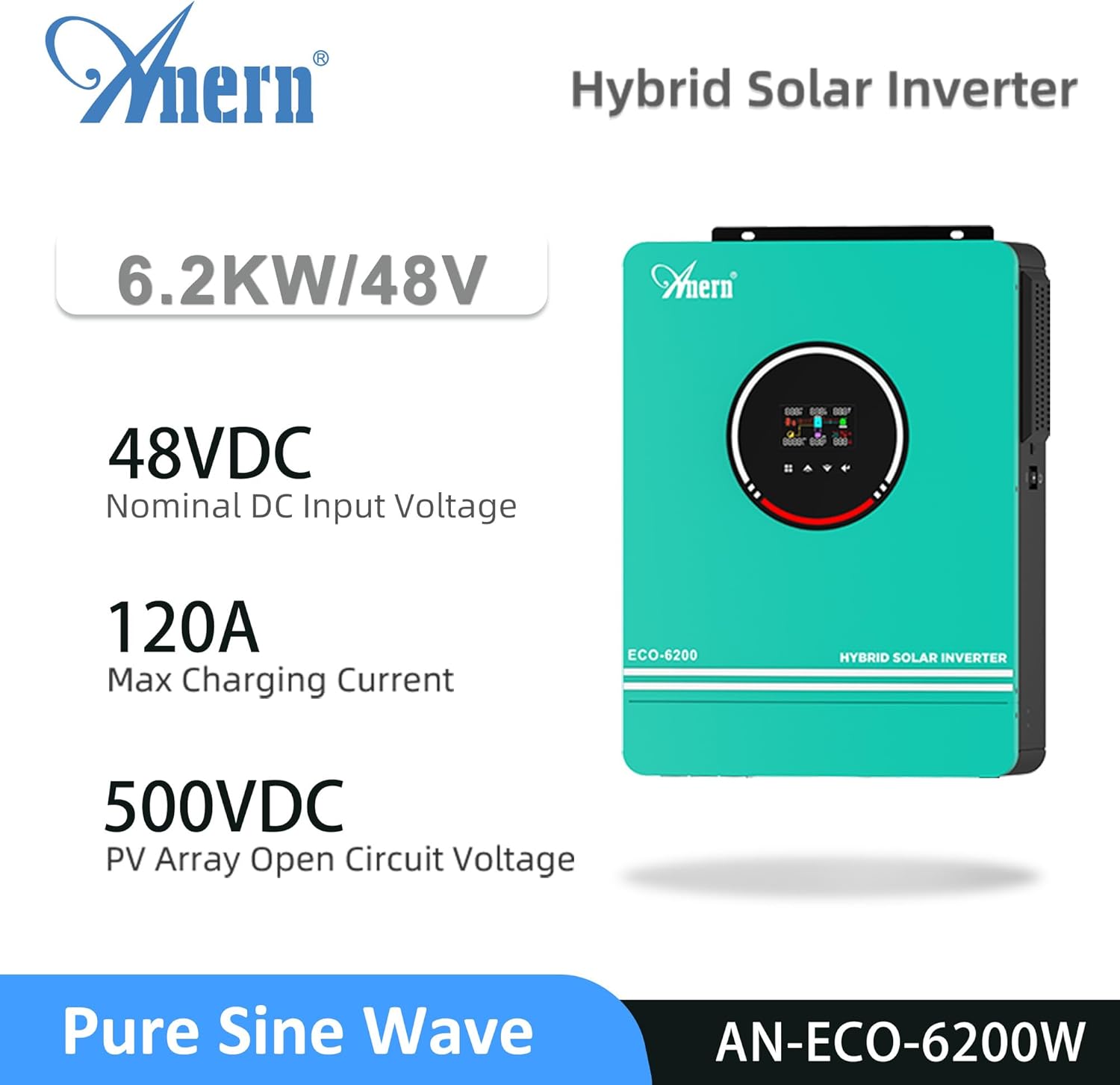 Anern 6200W Hybrid Solar Inverter 48V DC to 220-230VAC, Pure Sine Wave Solar Inverter with 120A MPPT Solar Charge Controller, Fit for 48V Lithium Lead-Acid Gel Battery Off-Grid System