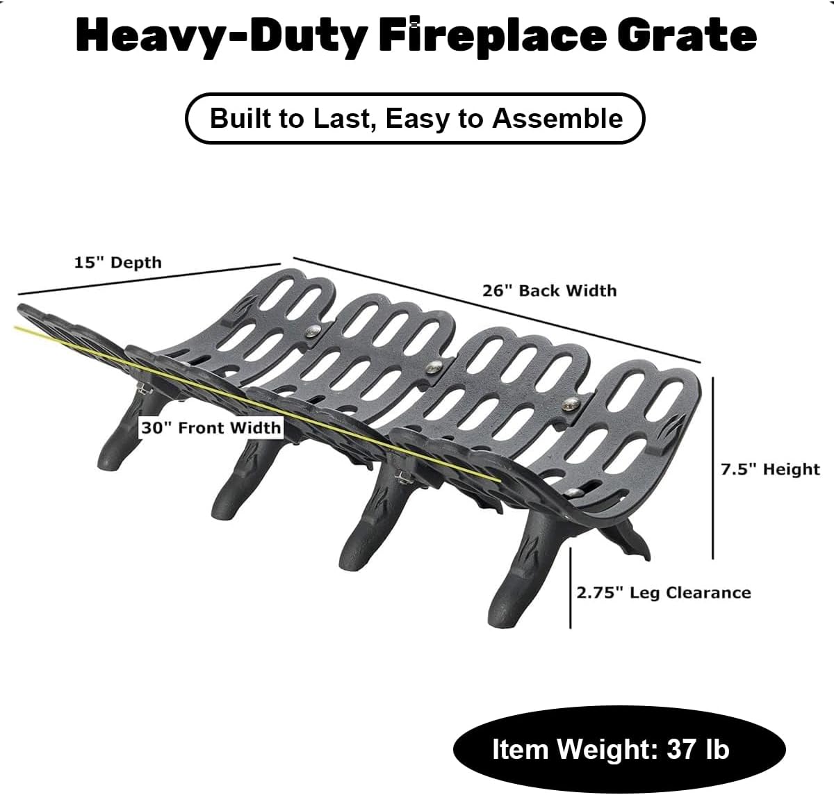 30 inch Fireplace Grate Heavy Duty, Cast Iron Fire Grate - 30