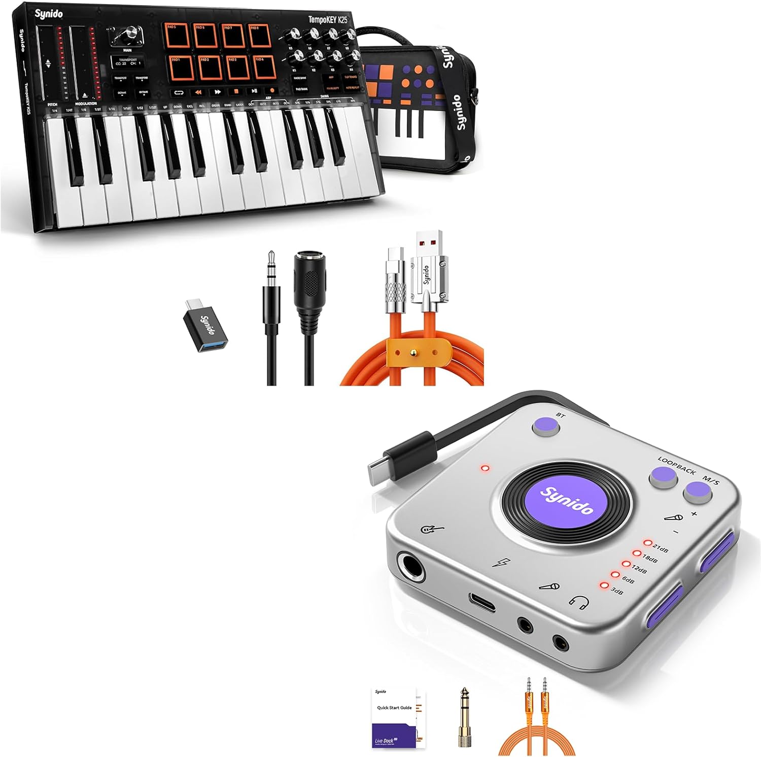 Synido TempoKEY K25 USB C MIDI Keyboard Controller Mini 25 Key with 8 Drum Pads and Synido Audio Interface for Recording Music with Instrument Gain Control