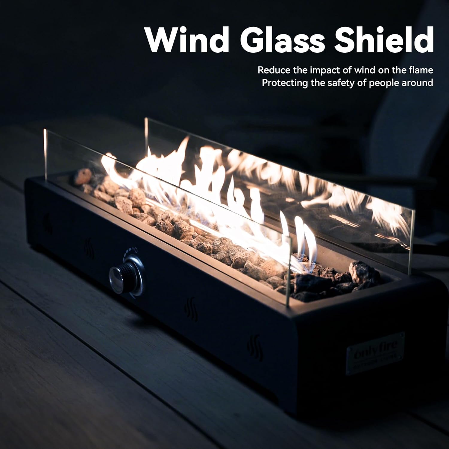 Onlyfire 28'' Tabletop Fire Pit, Outdoor Propane Gas Firepit Side-Mounted for Most Tables, Glass Wind Guard and Lava Rock, Rectangular Smokeless Fire Table Top Fireplace