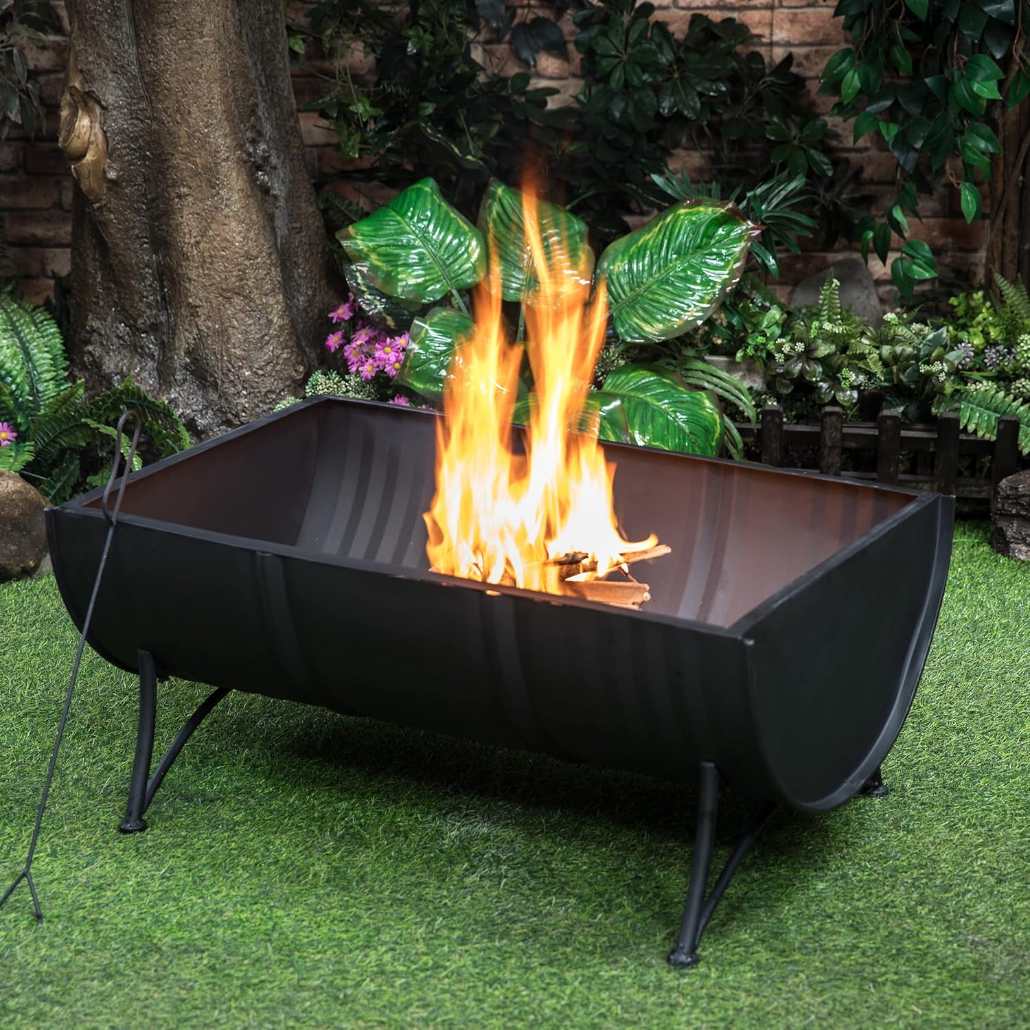 35-Inch Large Oval Barrel Wood Burner Firepit Patio Firebowl for Outside Use - Outdoor Wood Burning Fire Pit with Spark Screen and PVC Cover Protector, Black