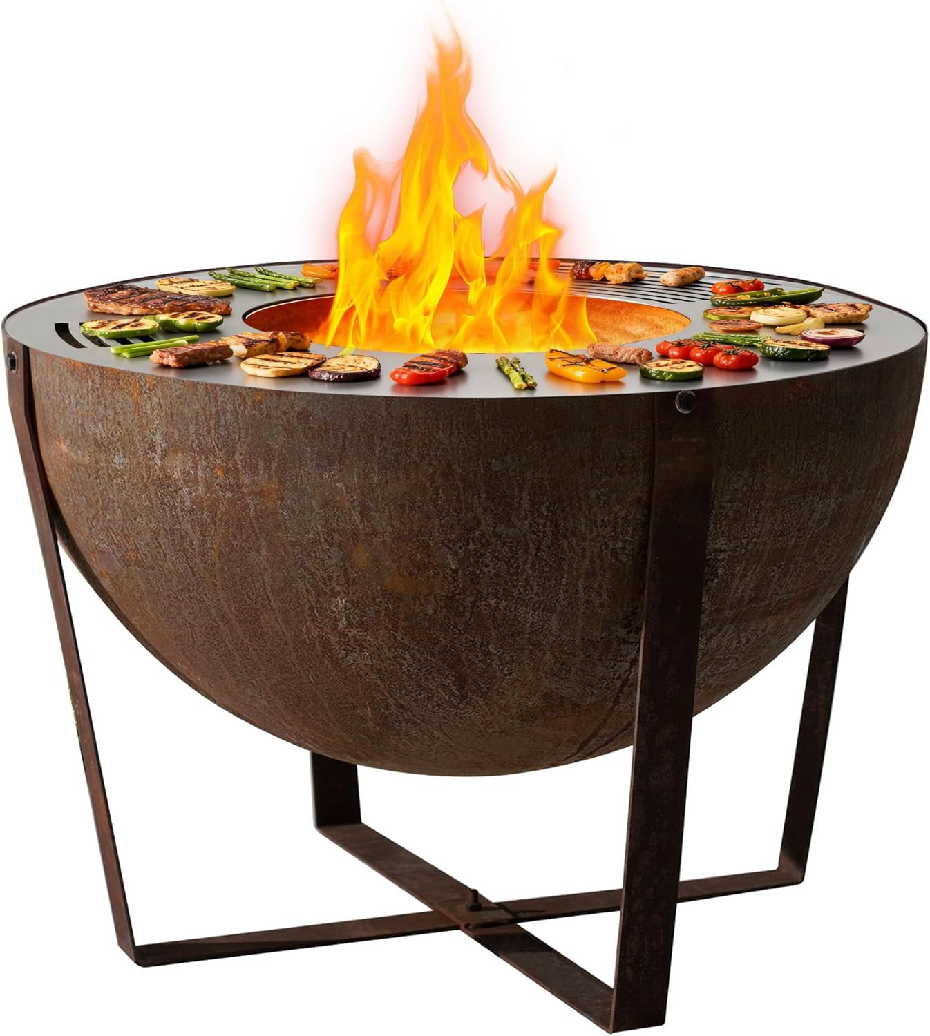 Corten Steel Heavy-Duty Fire Pit with Grilling Ring,Fire Pit Bowl with Stand,Round Firepit with Handle, Weathering Steel Wood Burning Firepit for Outside Backyard Deck Party Bonfire,32”