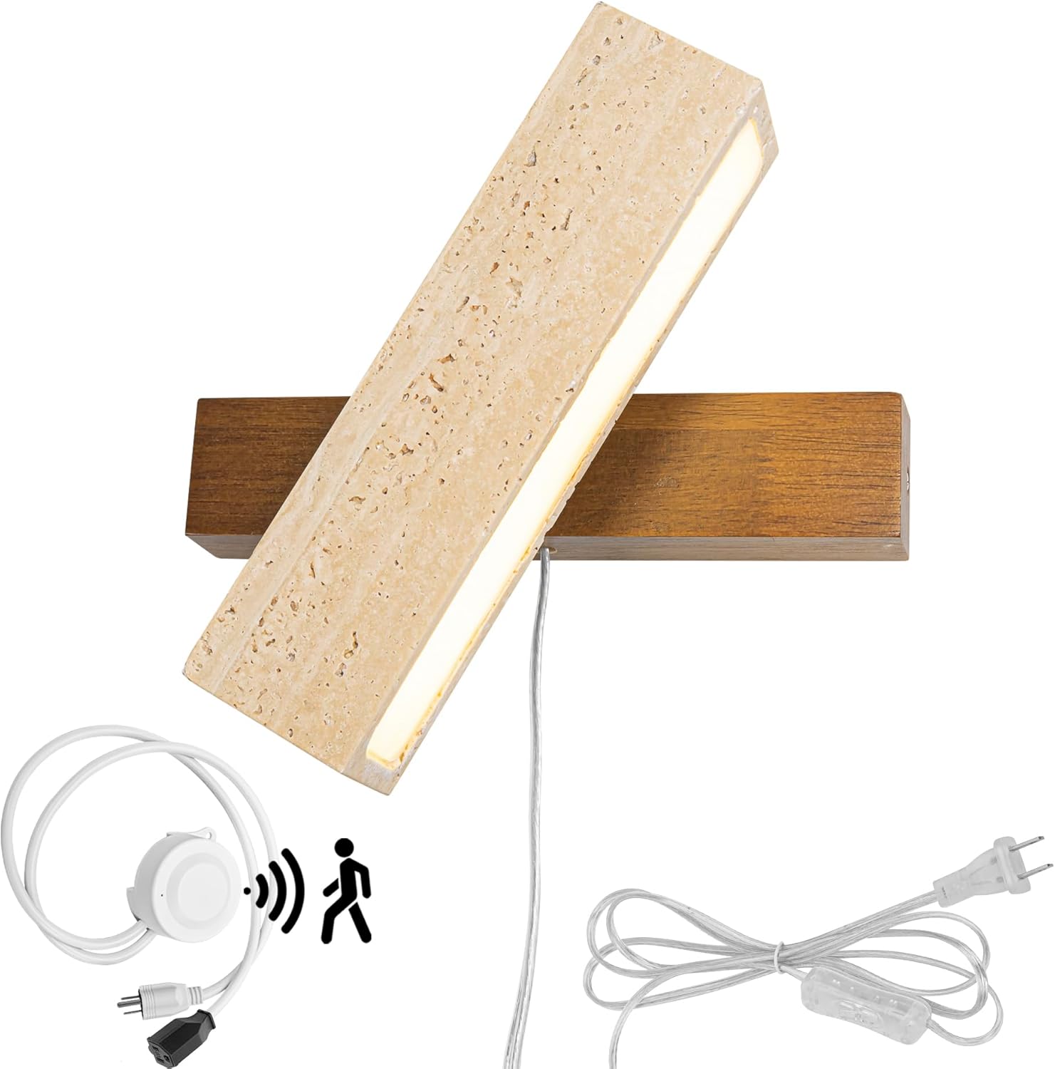 Detachable Motion Sensor Wabi-Sabi Rectangular Swivel Wall Sconce - Stone & Walnut Three Prong Plug Cord 4000K Neutral Lighting for Kitchen & Entryway