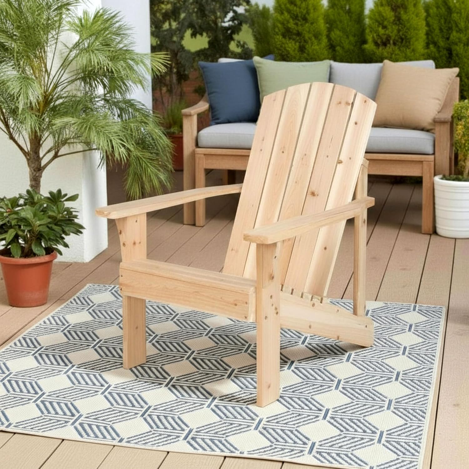 Shine Company Mid-Century Modern Wooden Adirondack Chair, Outdoor Patio Firepit Chairs, Back & Seat Pre-Assembled, Natural