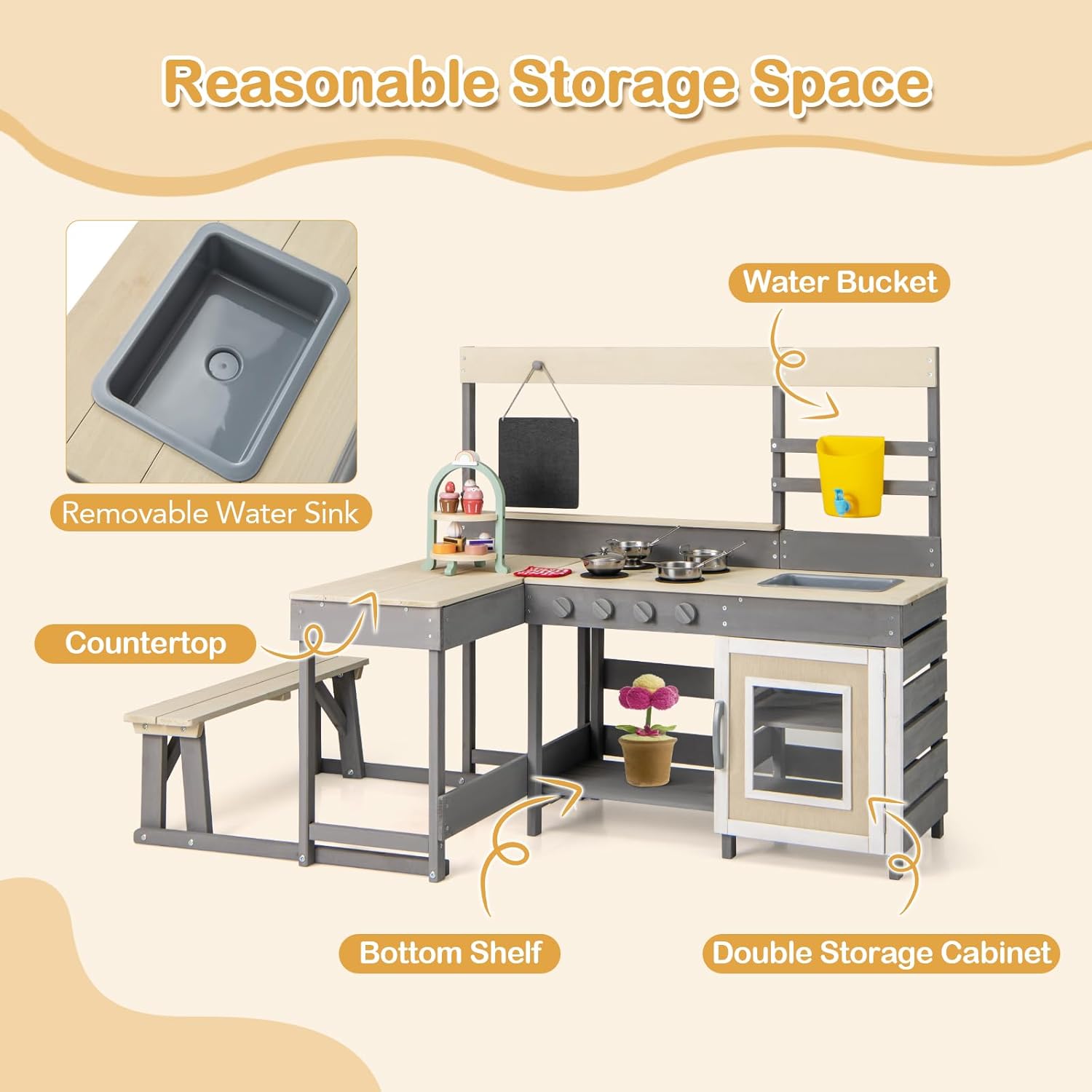 INFANS Mud Kitchen, Outdoor Play Kitchen with Faucet Chalkboard Stoves Removable Sink Cooking Accessories Wooden Kids Kitchen Playset Backyard Garden Toys Gift for Boys Girls Ages 3+