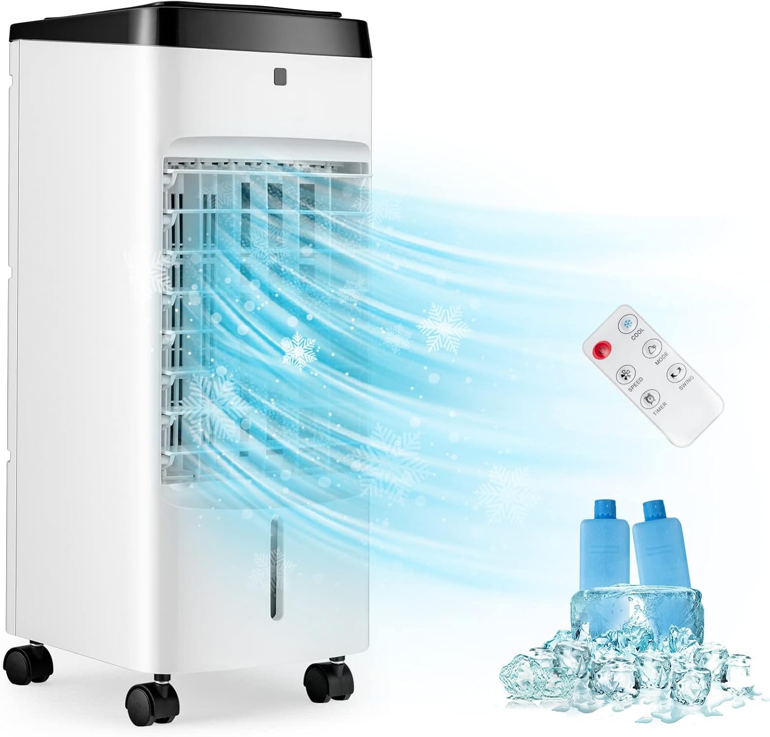 PETSITE Evaporative Air Cooler, Cold Air Cooling Fan with Remote Control, 4 Modes, 3 Speeds, 2 Ice Packs, 12H Timer, Portable Air Conditioner Windowless, Personal Swamp Cooler for Bedroom Home Dorm