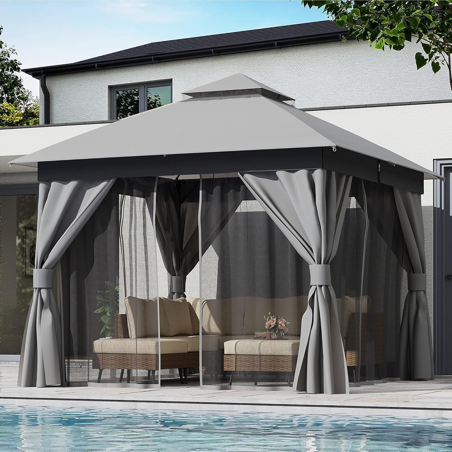 10'x10' Semi-Permanent Patio Gazebo，Sturdy Straight Leg Tent Soft Top for Patios，for Deck，Backyard，Grey