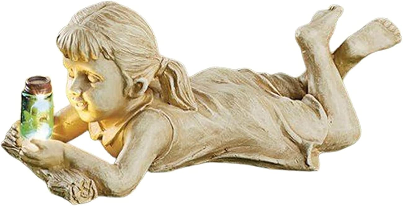 Garden Ornaments Decor Statue Outdoor,for Friends Gifts Art Ornaments Decor Crafts Figurines Collectible Prop Garden Boy Girl Statue with Firefly Jar Solar Light,Garden Children Figurine