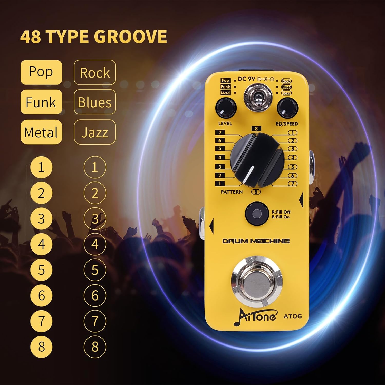 AITONE Drum Machine Guitar Pedal with Real-Time Fill Function 48 Drum Grooves 6 Music Styles & Tap Tempo EQ Presets for Electric Guitar (AT-06)