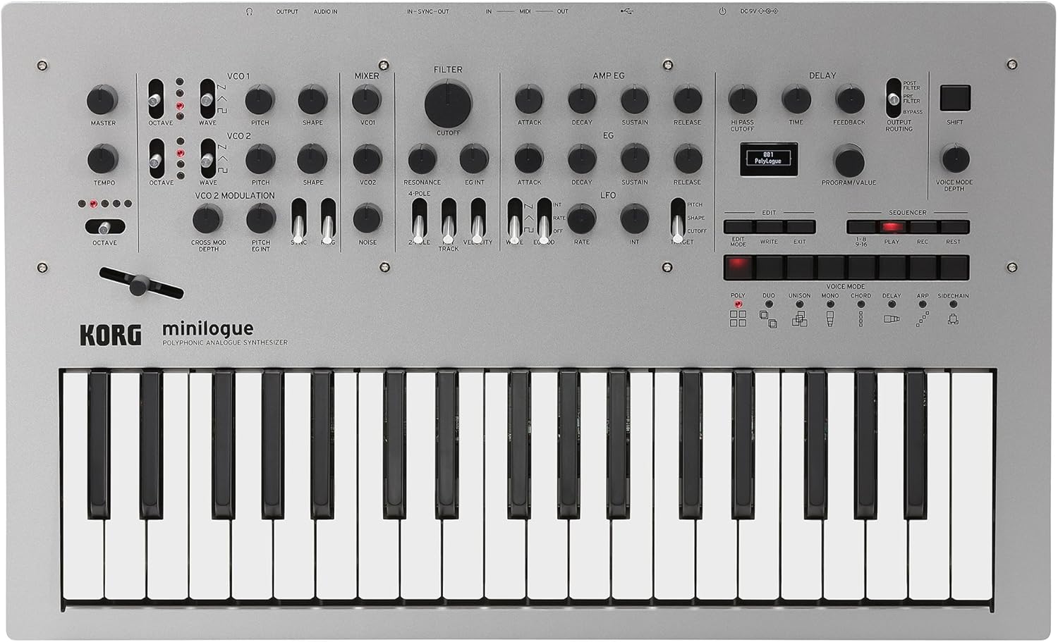Korg minilogue 37-key Polyphonic Analog Synthesizer w/ 16-step Sequencer, 4 Voices and OLED Oscilloscope (MINILOGUE)