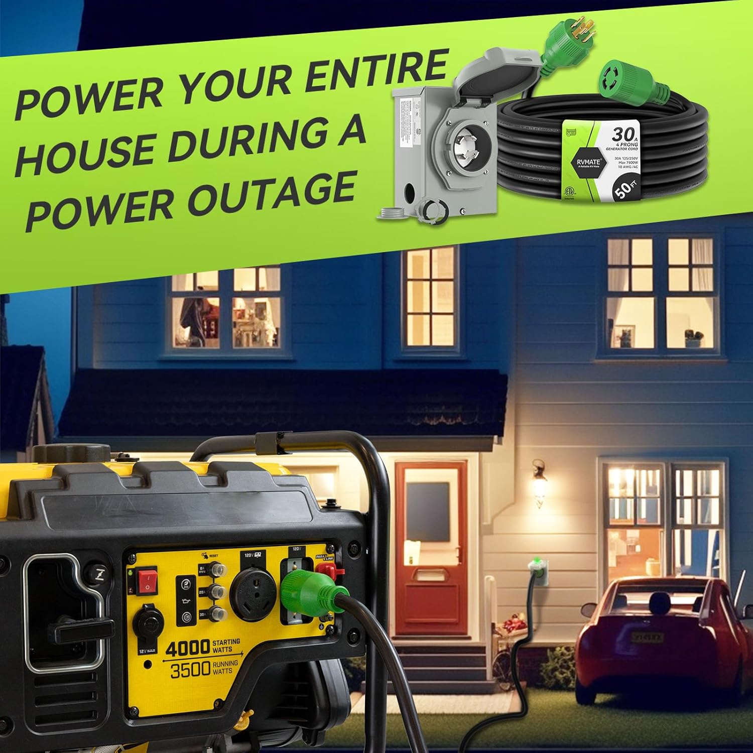 RVMATE 4 Prong 30 Amp Generator Cord (50FT) and Pre-Drilled Power Inlet Box Waterproof Combo Kit, NEMA L14-30P to L14-30R Generator Cord with NEMA L14-30P Generator Inlet, ETL Listed