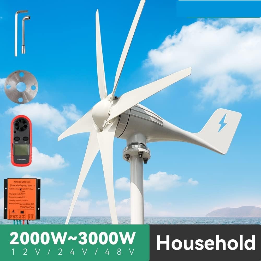 Wind Turbine Generator Kit, Windmills Wind Turbine Generator Kit 2000W 3000W 12V 24V 48V With Mppt Charge Controller 3 5 6 Blades Home Use for Hybrid Solar Wind System(With Mppt Controller,12V_1600W)